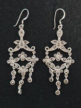 Unique Vintage Victorian Revival Marcasite Sterling Silver Chandelier Earrings